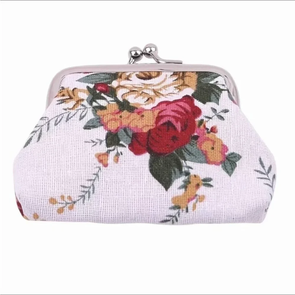 Victorian Rose Change Purse Bag French Kiss Clasp Vintage Retro White Multicolor - Picture 2 of 16